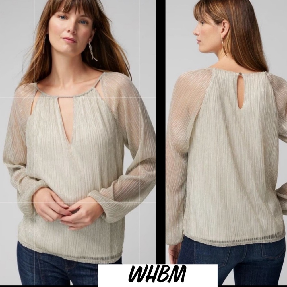 💛NWT White House Black Market Long Sleeve Silver/Gold Lurex On Ecru Crinkle Top - Picture 2 of 6
